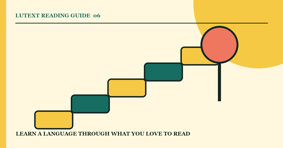 A small reader climbing yellow steps into a page of unfamiliar language